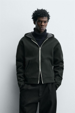 ZARA ФЕТРОВОЕ ХУДИ С КАПЮШОНОМ, ТЕМНО-ЗЕЛЕНЫЙ