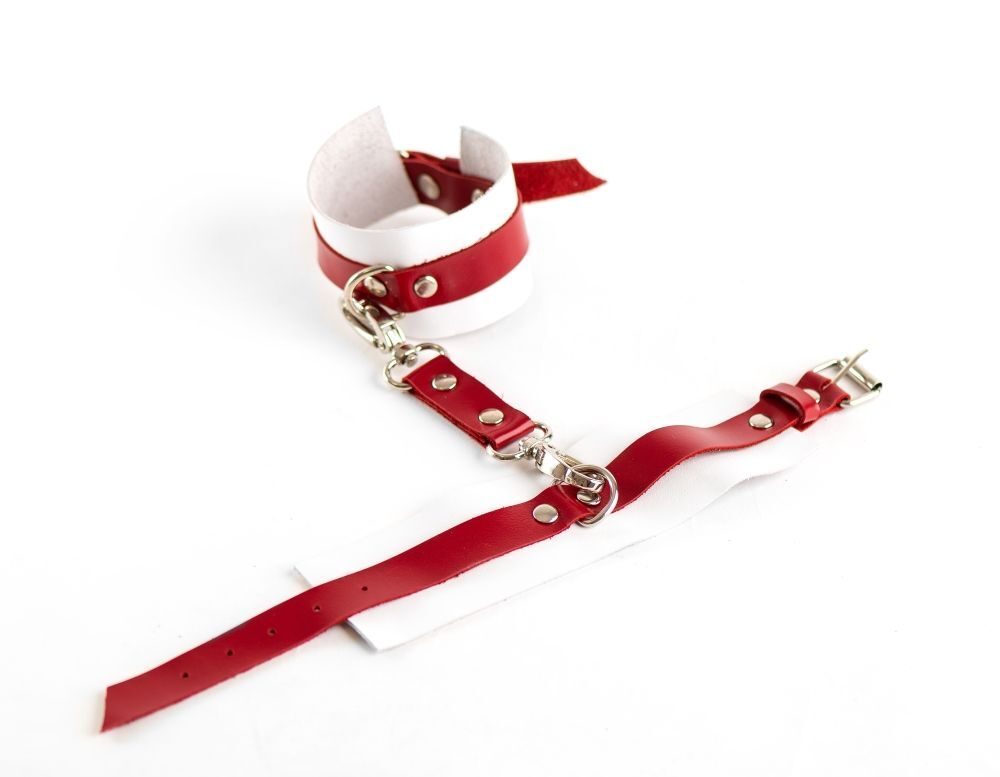 Бело-красные оковы из натуральной кожи (Цвет: белый с красным)