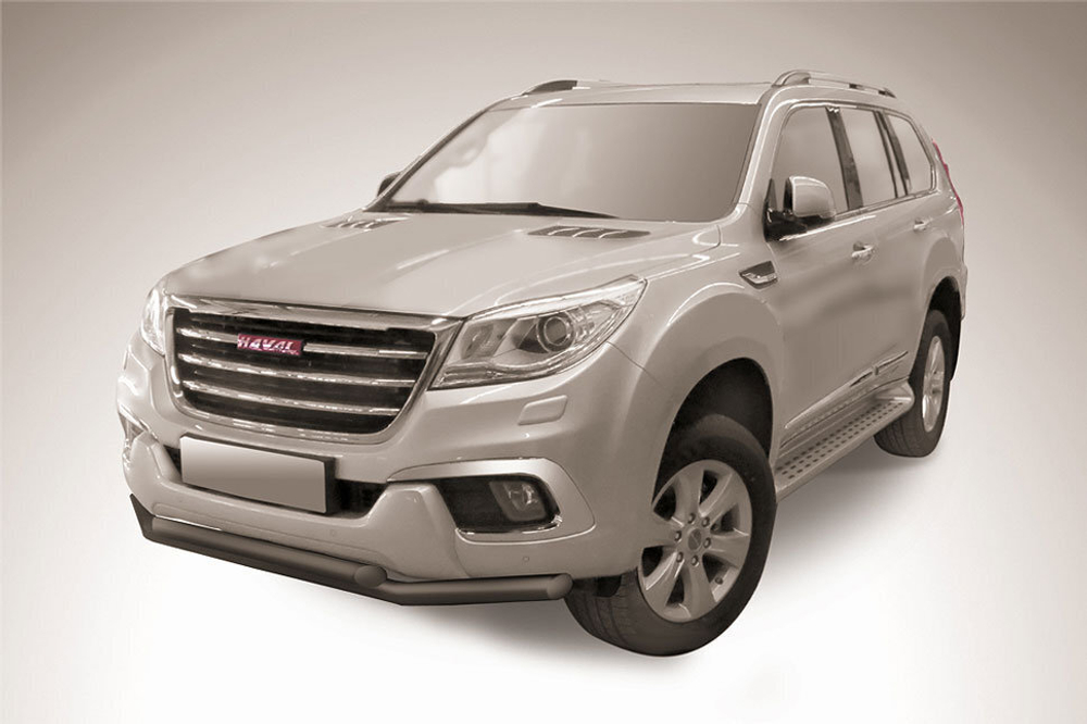 Защита переднего бампера Haval H9 (2017-2023) d57+d57 серебристая