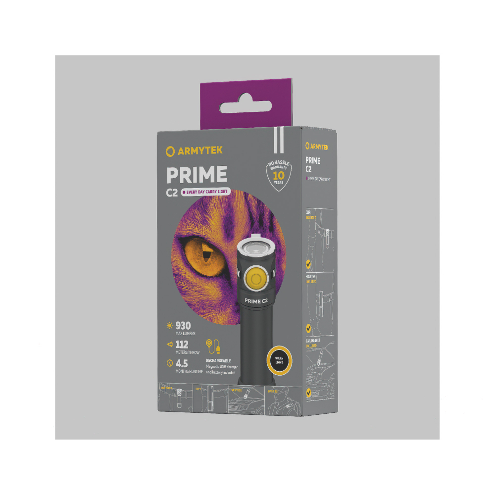 Универсальный фонарь Armytek Prime C2 Magnet USB (теплый свет) — простое управление с 6 режимами и индикацией состояния батареи.