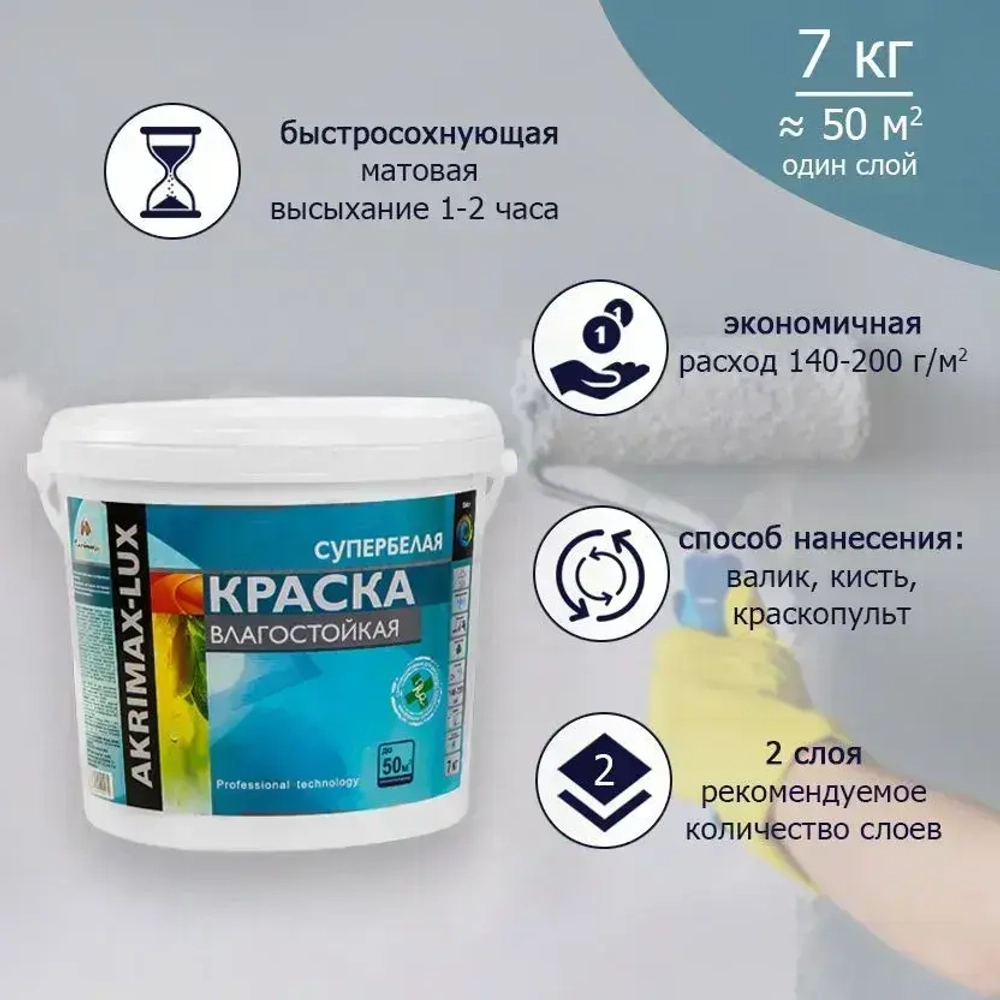 Краска Влагостойкая акриловая супербелая 7 кг AKRIMAX для помещений с повышенной влажностью, для стен, для кухонь, для ванных комнат, Матовое покрытие, белый