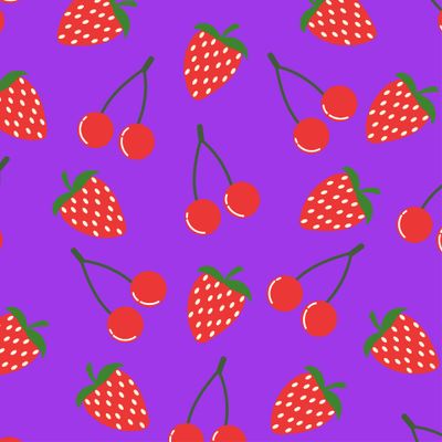 strawberry and cherry pattern, berries, purple background,