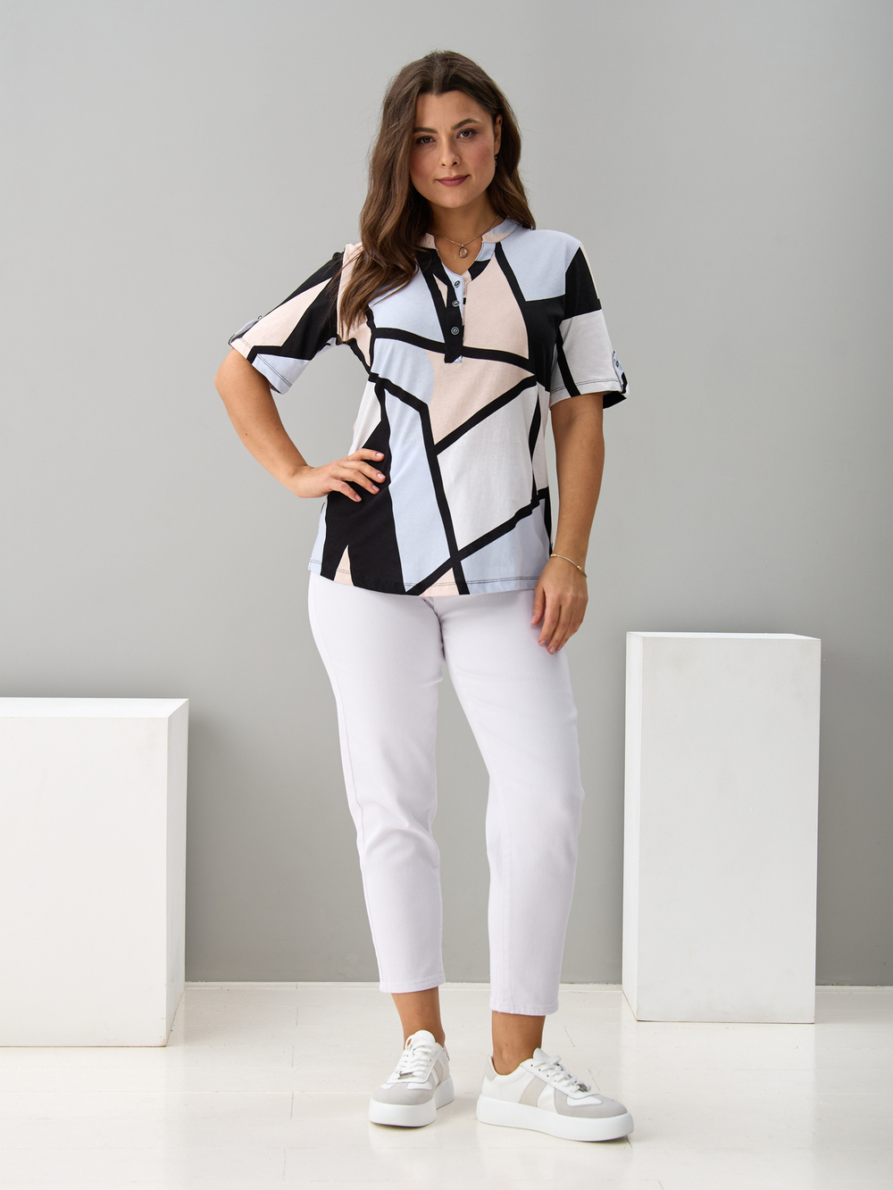 Блузка БЛ-122/геометрия-бежголубая