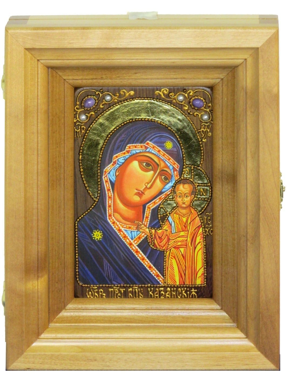 Подарочная икона Казанской Божией Матери с нимбом из сусального золота 15х10см в березовом киоте