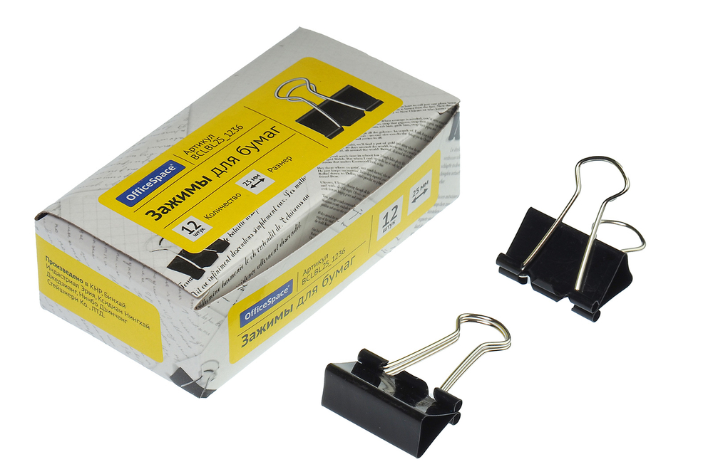 Зажим для бумаг металлический 25мм черный 12шт/уп Office Space