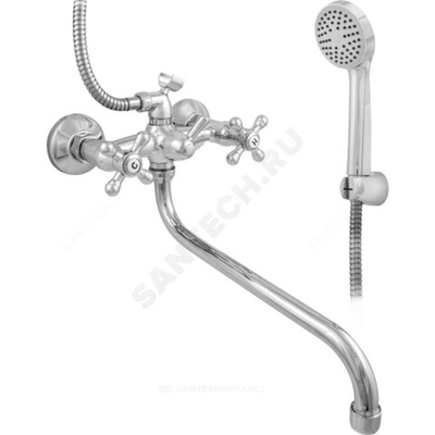 Смеситель для ванны с душем двуручный круглый излив, душевой шланг н/ж сталь, хромированная пластиковая лейка и кронштейн ЭКО ЦС-СМ 500/5-4 М_Крест Центр Сантехники (Подольск) ЭМ900709