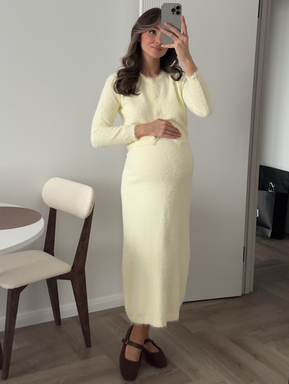 Комплект вязаный, пушистый, длинная юбка и укороченный кардиган