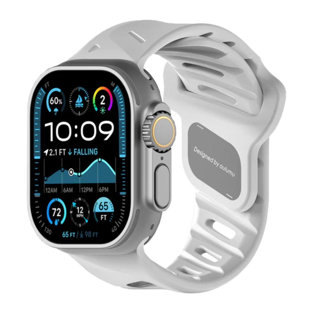 Спортивный ремешок Aulumu A02 Offbeat Sport Band для Apple Watch 44, 45, 46 мм и Ultra 2–3 Водостойкий ремешок в футуристическом стиле из фторэластомера с алюминиевой застёжкой pin-and-tuck. На запястье обхватом 175–210 мм