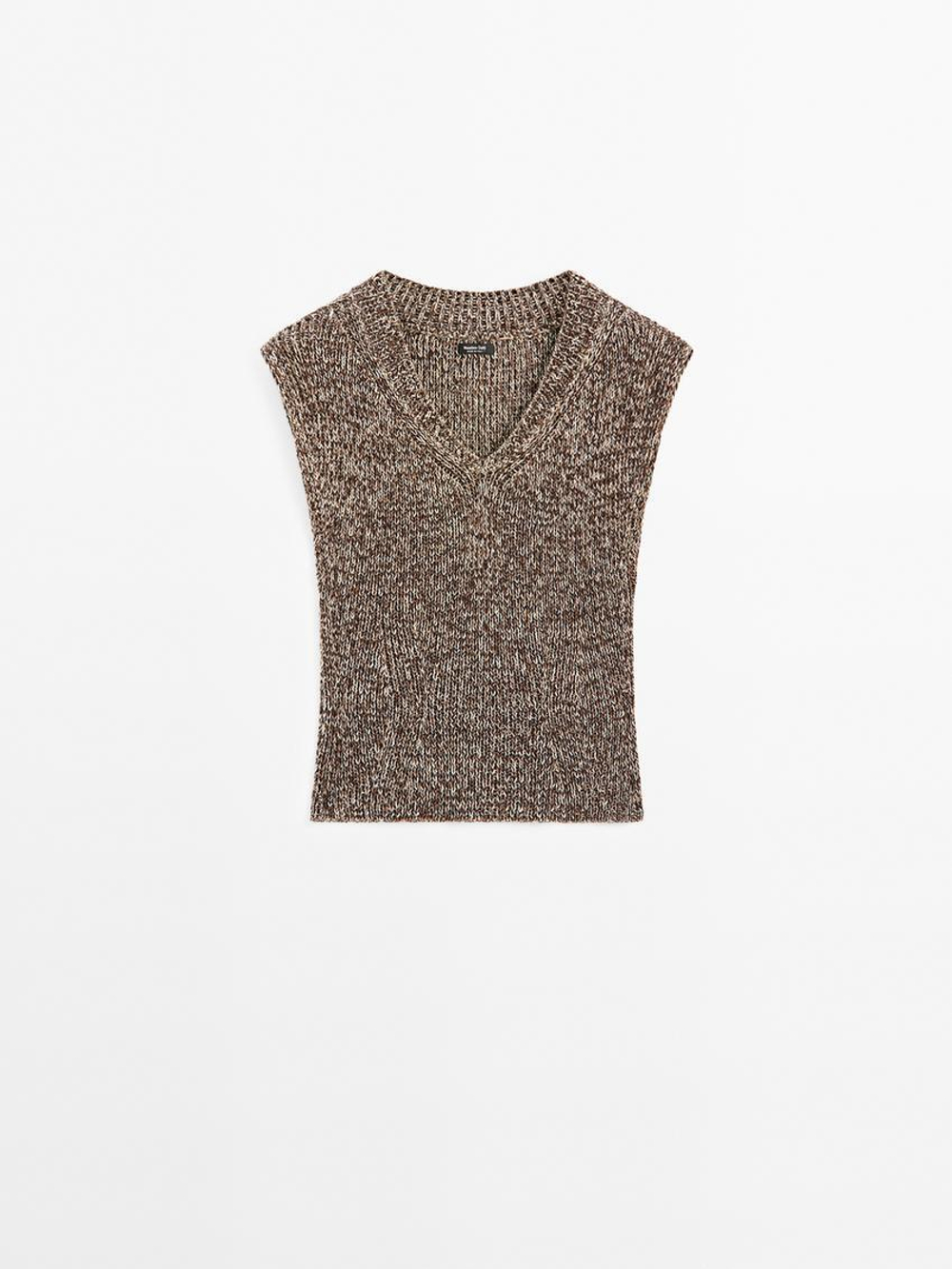 Massimo Dutti Топ из хлопка мулине с V-образным вырезом, коричневый