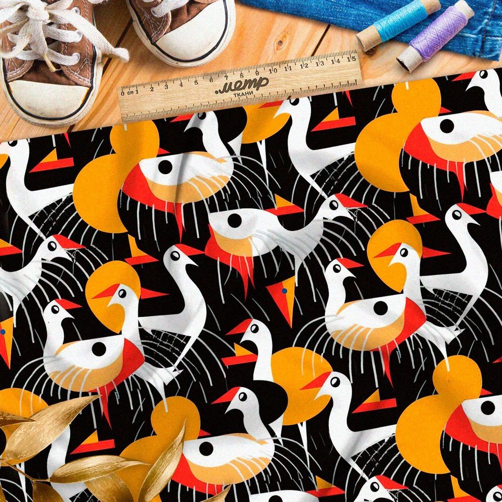 Ткань премиум габардин абстактные гуси