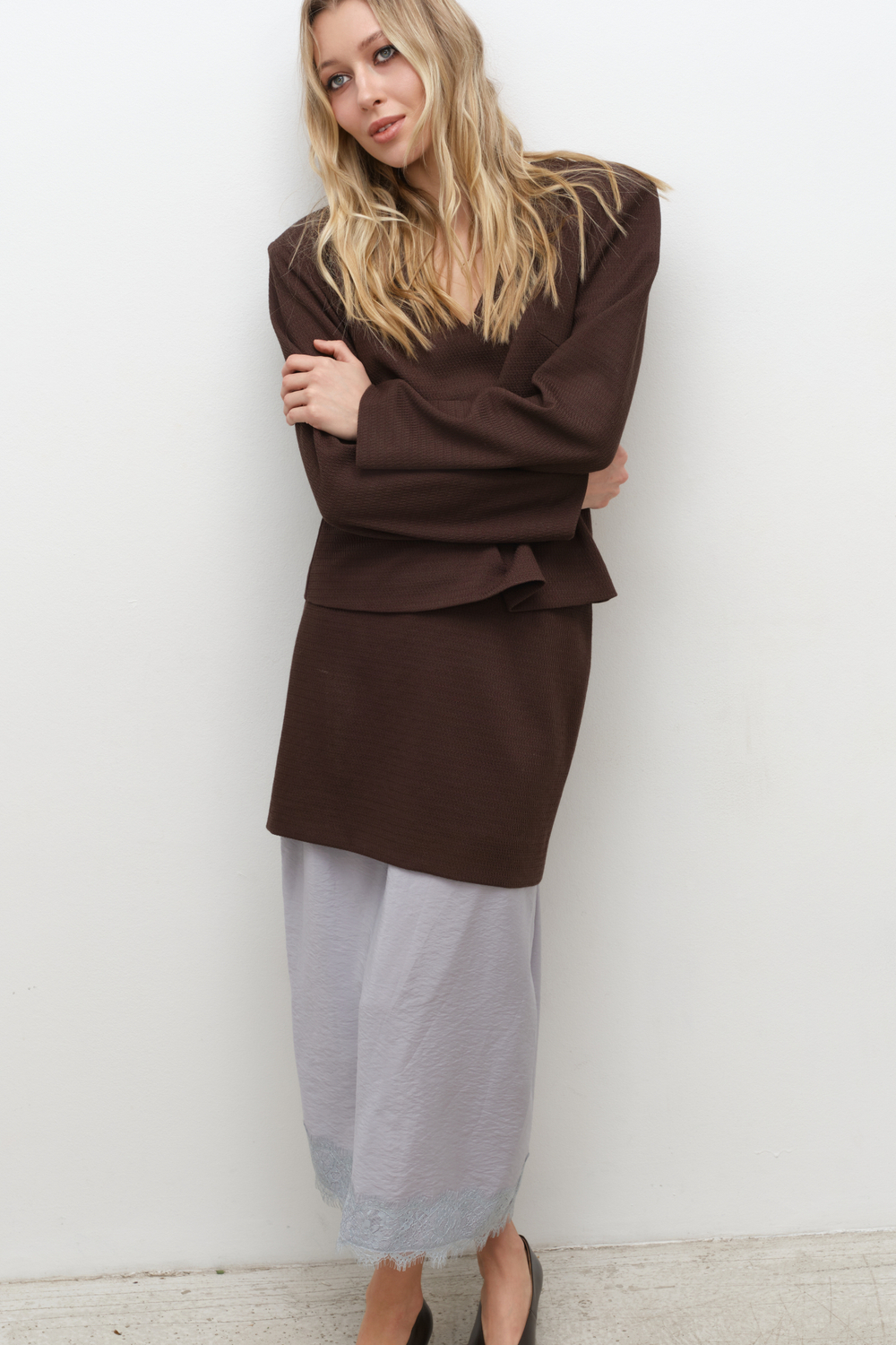 Подъюбник с кружевом серо-голубой