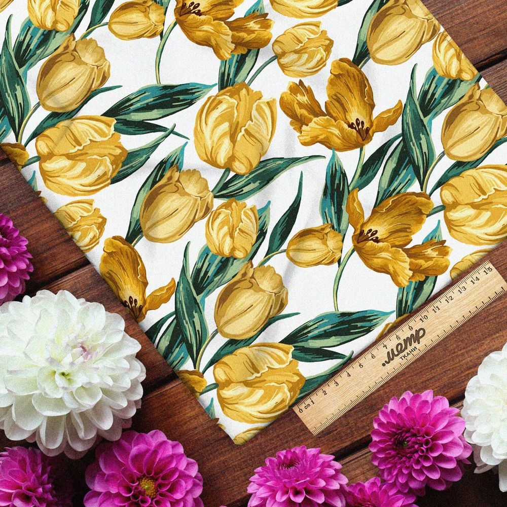 Ткань интерлок акварельные желтые тюльпаны