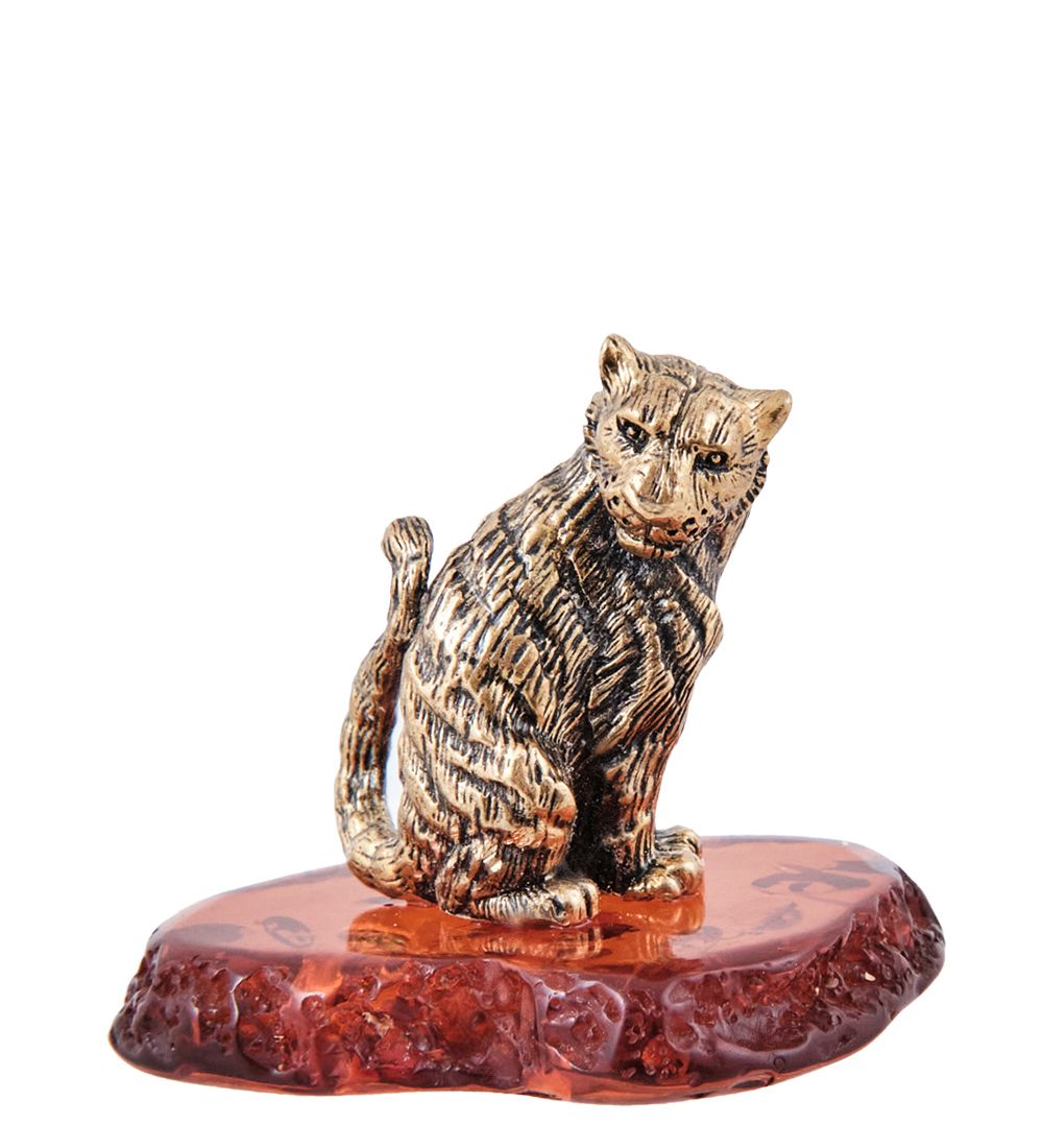 Народные промыслы AM-3975 Фигурка «Тигр Саванна Сидящий» (латунь, янтарь)