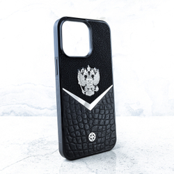 Солидный чехол iphone с гербом России купить - Euphoria HM Premium - натуральная кожа miniCROC, ювелирный сплав