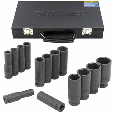 Набор головок ударных глубоких 14 пр., 1/2''( 11-15, 17-19, 21, 22, 24, 27, 30, 32мм), в кейсе Partner PA-4141MPB