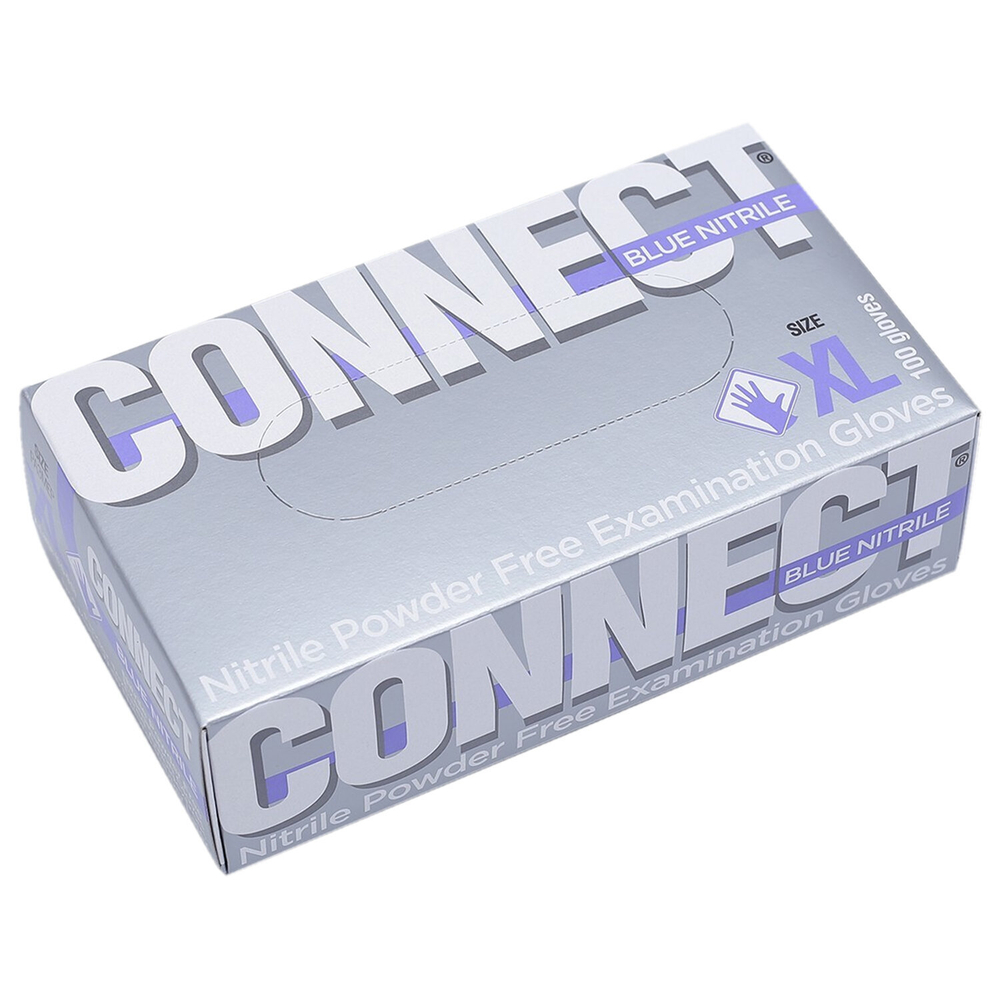 Перчатки смотровые нитриловые CONNECT, голубые, 50 пар (100 штук), размер XL (очень большие).