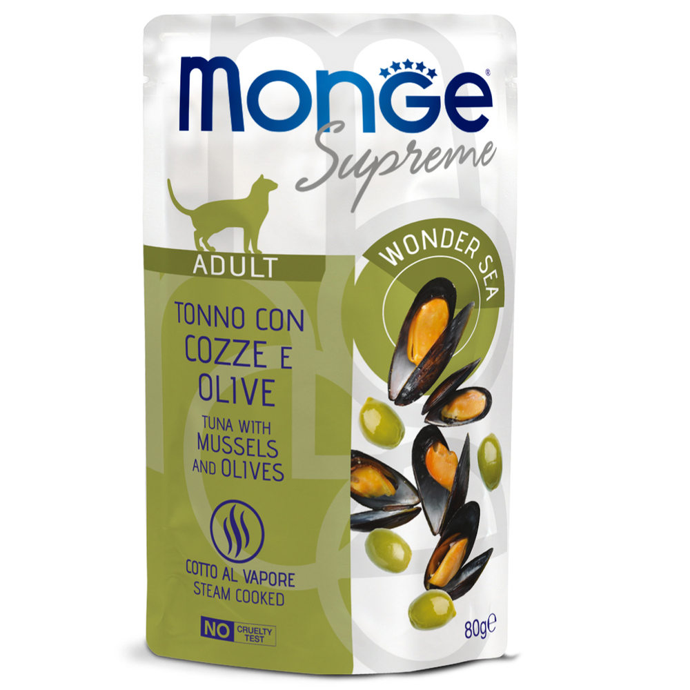 Влажный корм Monge Supreme Adult cat для взрослых кошек с мидиями и оливками, паучи 80 г - 24 шт
