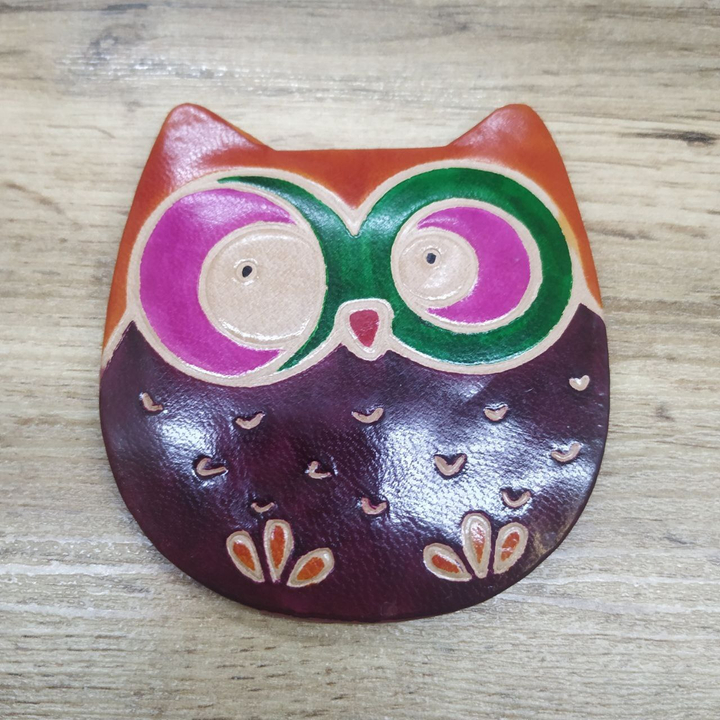 Зеркало в кожаной оранжевой оправе, Сова цвет коричневый 8x8,5x0,5 см