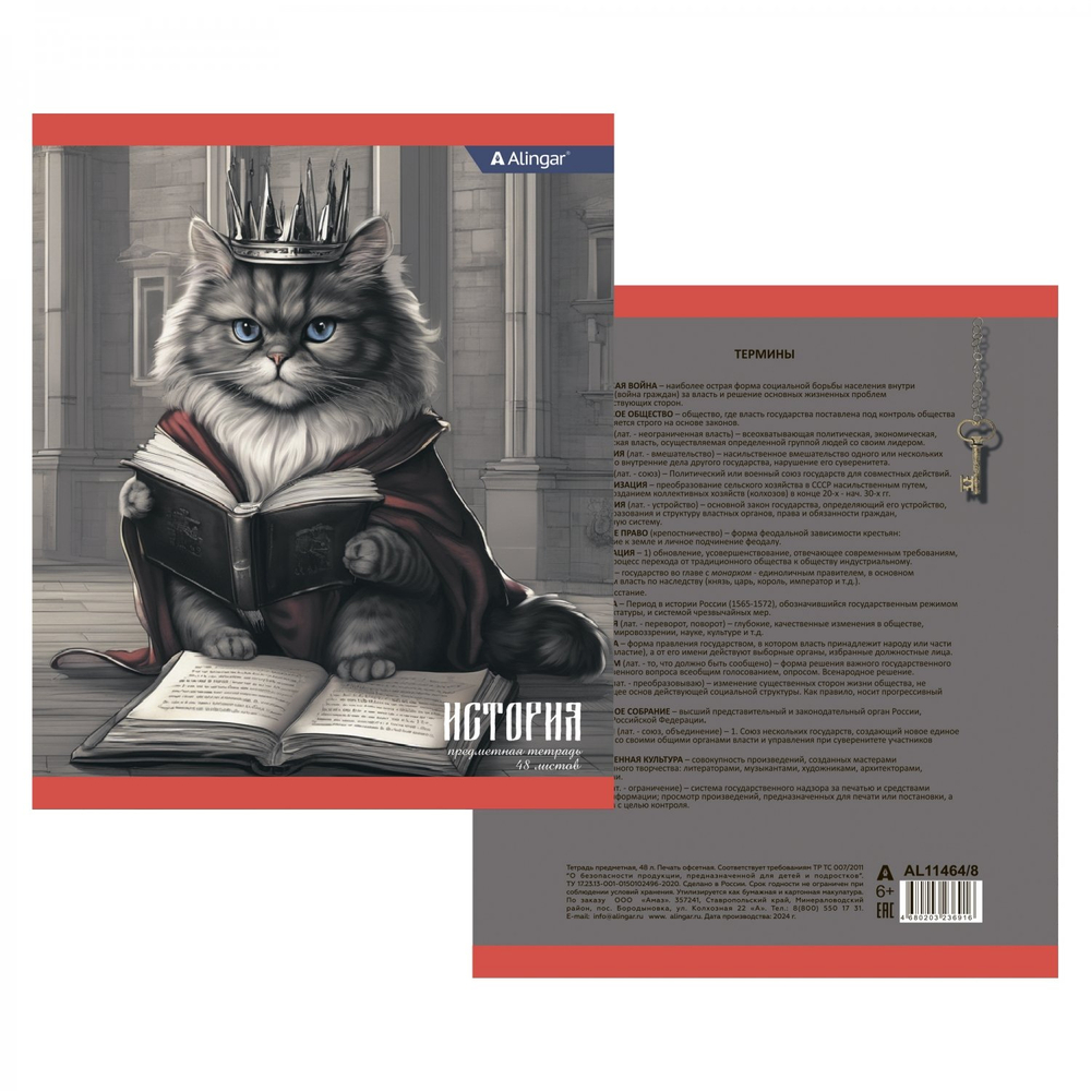 Комплект предметных тетрадей А5 48л., 10 предметов, со справ матер, скрепка, мелов. картон (стандарт), блок офсет, Alingar "Коронованные коты"
