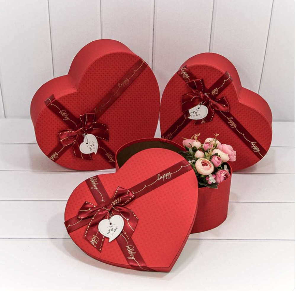 Коробки "Сердце" с бантом "Happy" Набор 3 шт. Красный