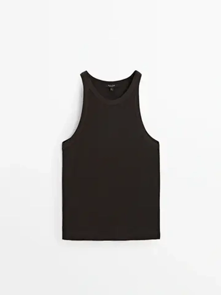 Massimo Dutti Хлопковый топ в рубчик без рукавов, коричневый