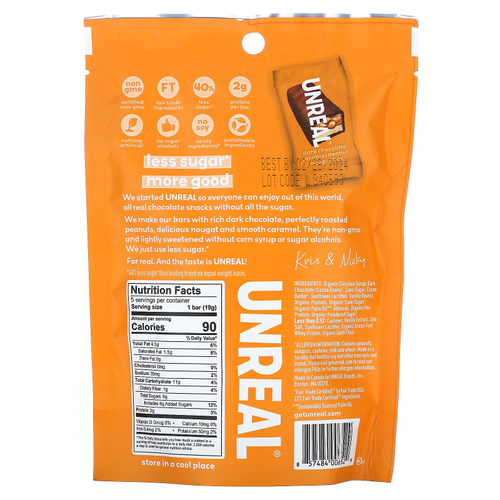 Unreal, Батончики с арахисом и нуга, темный шоколад и карамель, 95 г (3,4 унции)
