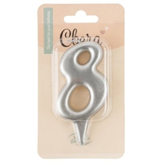 Свеча Цифра, 8 Овал, Серебро, Металлик, 7 см, 1 шт. с держат.