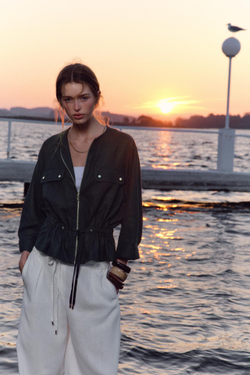 ZARA КУРТКА САФАРИ ИЗ ЛЬНА, МОРСКОЙ СИНИЙ