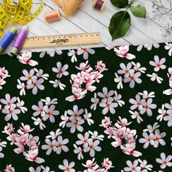 Ткань шелк Армани опадающая сакура на тёмно-зелёном фоне