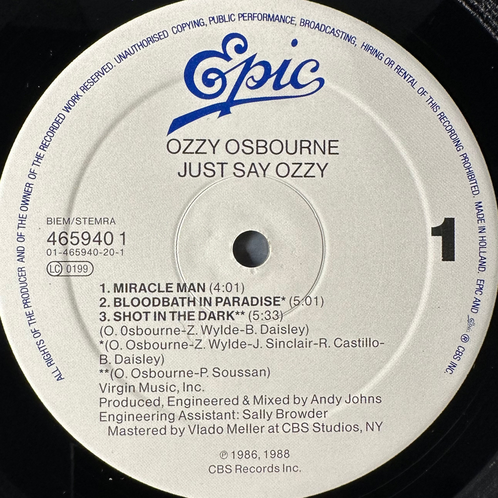 Ozzy Osbourne ‎– Just Say Ozzy (Голландия 1990г.) EP