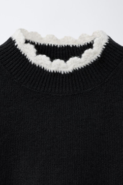 ZARA ТРИКОТАЖНЫЙ ДЖЕМПЕР С ОТДЕЛКОЙ КРЮЧКОМ, ЧЕРНЫЙ