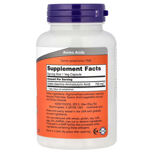 NOW Foods, ГАМК, 750 мг, 100 растительных капсул