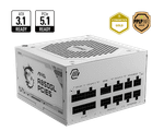 Блок питания MSI  850W, MAG A850GL PCIE5 WHITE, Full Modular, ATX, 80+ GOLD, >90%, Fan 120mm, Белый