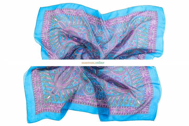 Платок материал Шелк 100% Плотный узор цвет розовый фиолетовый зеленый на голубом с голубой каймой 100x100см.