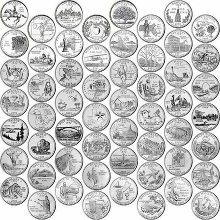 США 25 центов 1999 - 2009 Квотеры штаты и территории 56 монет