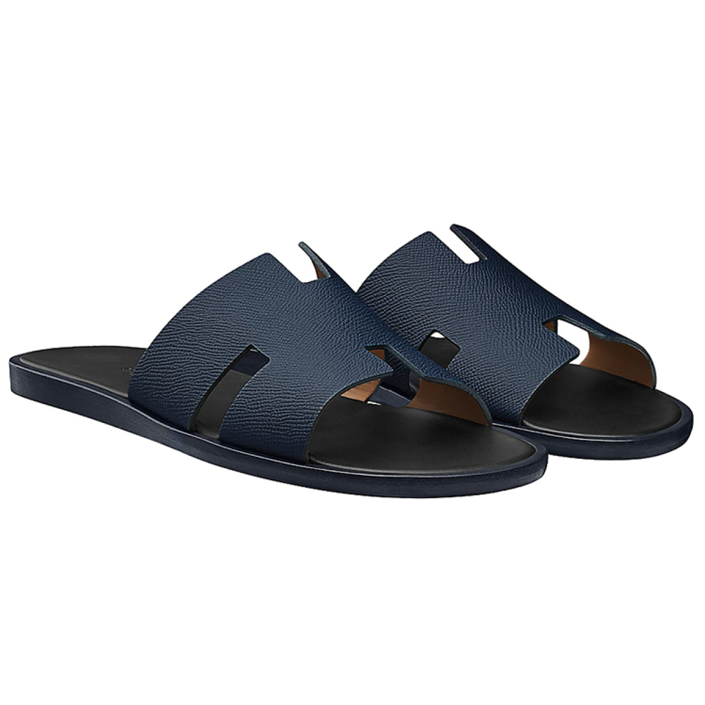 Hermes Izmere first layer cowhide flat-bottomed comfortable fashion sandals men's dark blue, H152415Z HI2