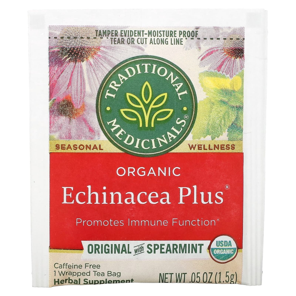 Traditional Medicinals, органическая эхинацея плюс, оригинальная с мятой, без кофеина, 16 упакованных чайных пакетиков, 24 г (0,85 унции)