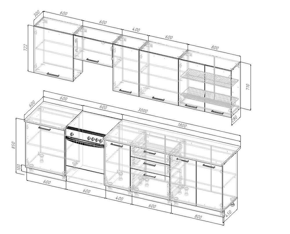 Кухонный гарнитур Антрацит (графит) 3000 мм столешница 38 мм, ЛДСП, прямая просторная кухня для гостиной, студии и большой семьи