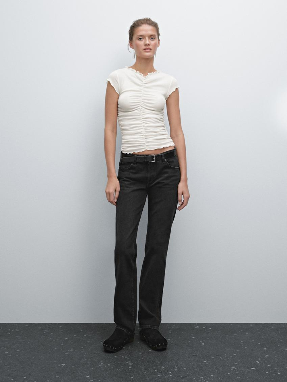 Massimo Dutti Футболка из хлопка со сборкой, натуральный, кремовый