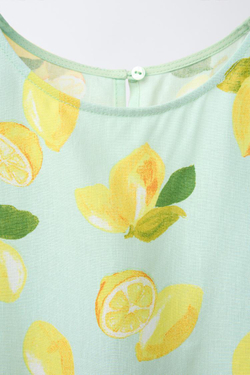 ZARA ЛЬНЯНОЙ ТОП С ЛИМОННЫМ ПРИНТОМ, БИРЮЗОВЫЙ