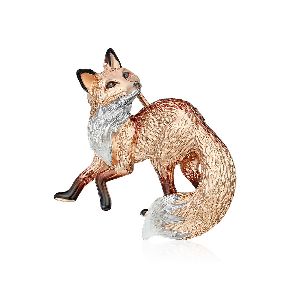 Брошь «Лисица» из красного золота с эмалью