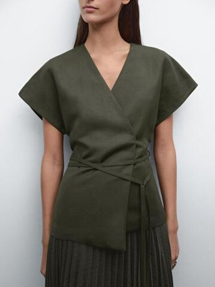 Massimo Dutti Контрастное плиссированное платье миди, оливково-зеленый