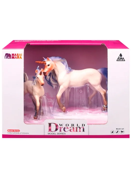 Набор фигурок животных Мир фэнтези Семья белых единорогов с синей гривой 2 шт