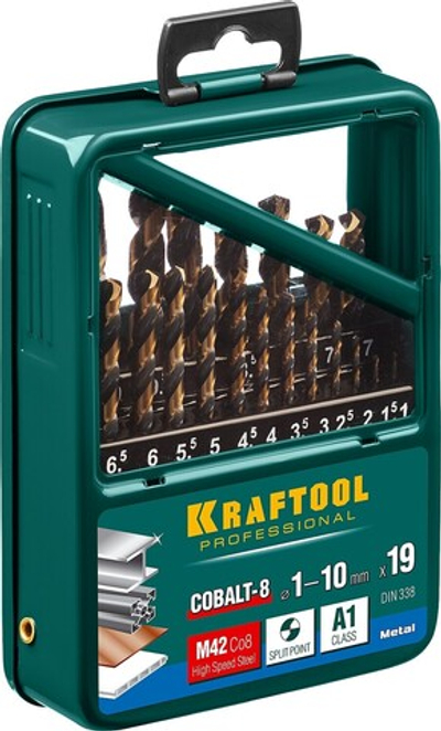 KRAFTOOL Cobalt, 19 шт, (1-10 мм), сталь М42, HSS-Co(8%), набор сверл по металлу (29656-H19)
