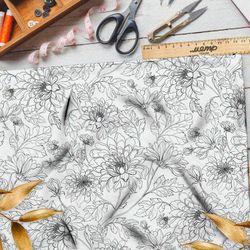 Ткань лён нарисованные георгины на белом фоне