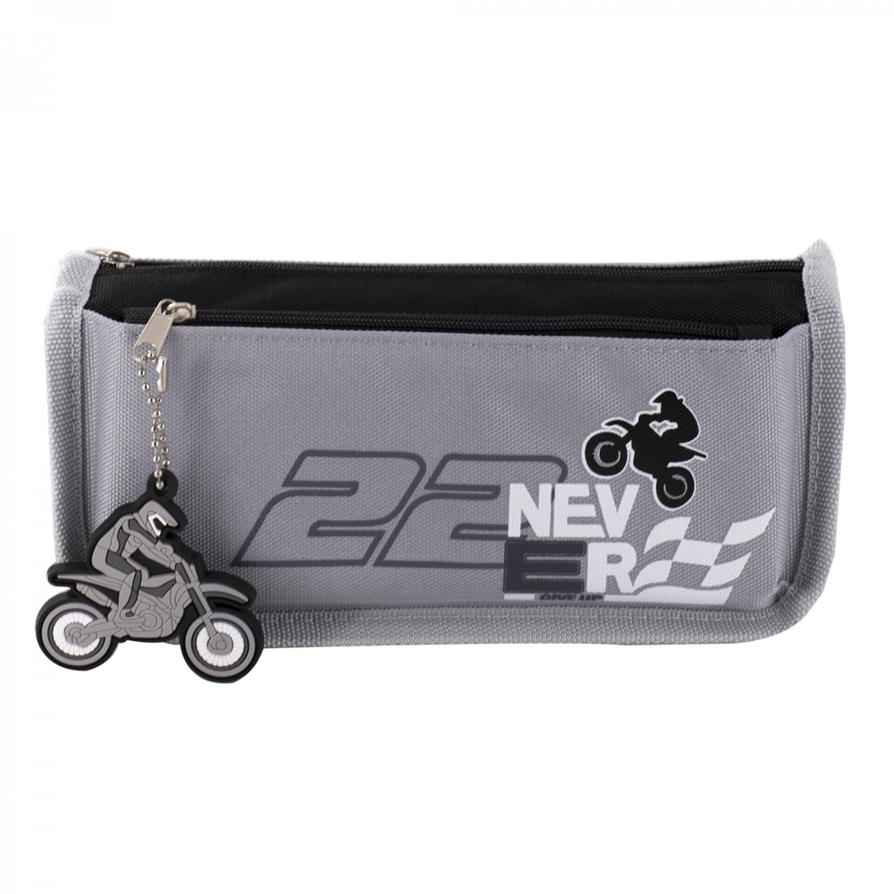 Пенал - косметичка Alingar, ПВХ, молния, боковой карман, брелок, 190 х 80 х 35 мм, "NEVER GIVE UP", микс (черный, серый, синий), мотоцикл, европодвес