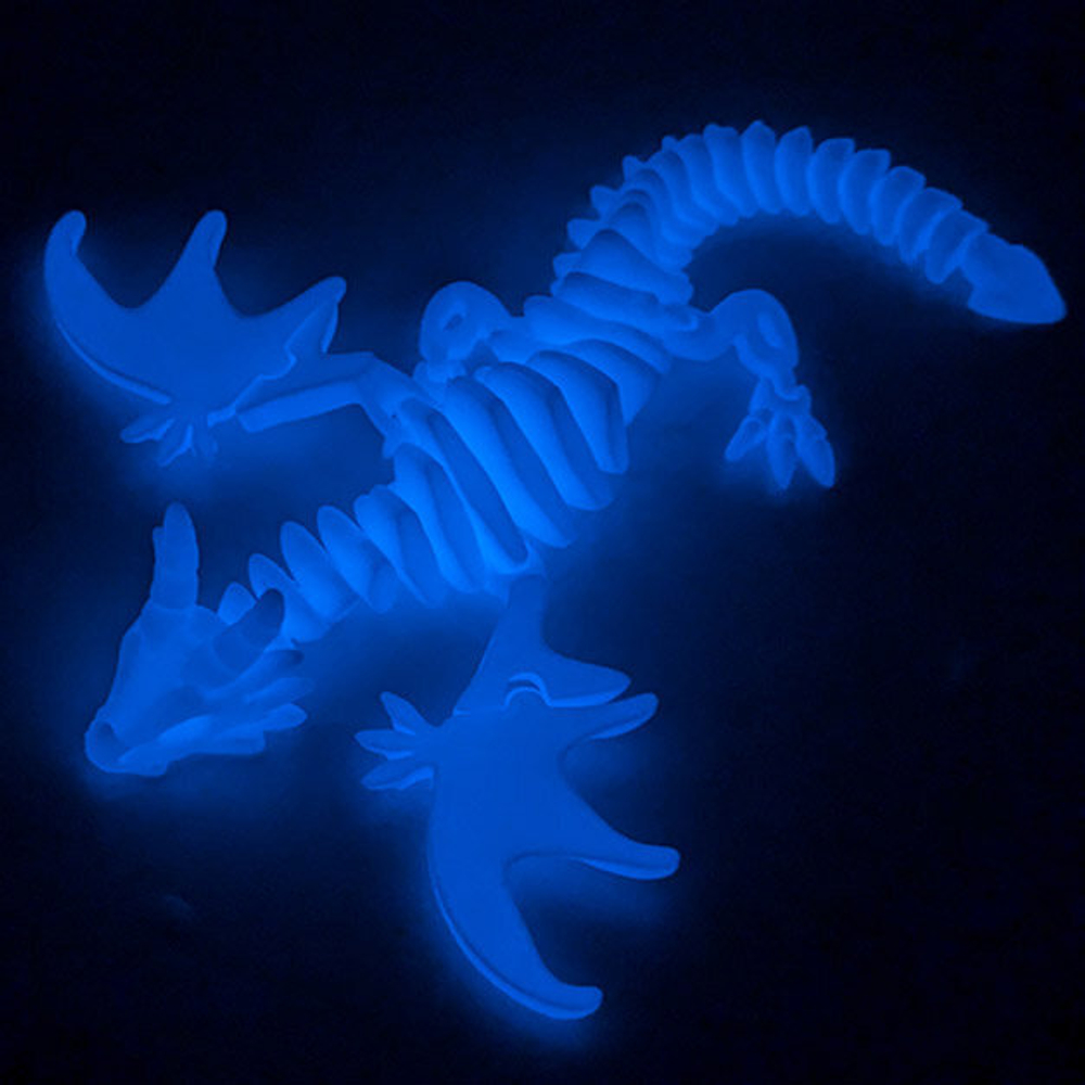 Дракон с крыльями подвижный 3D печать, 29 см., белый, светится в темноте голубым свечением