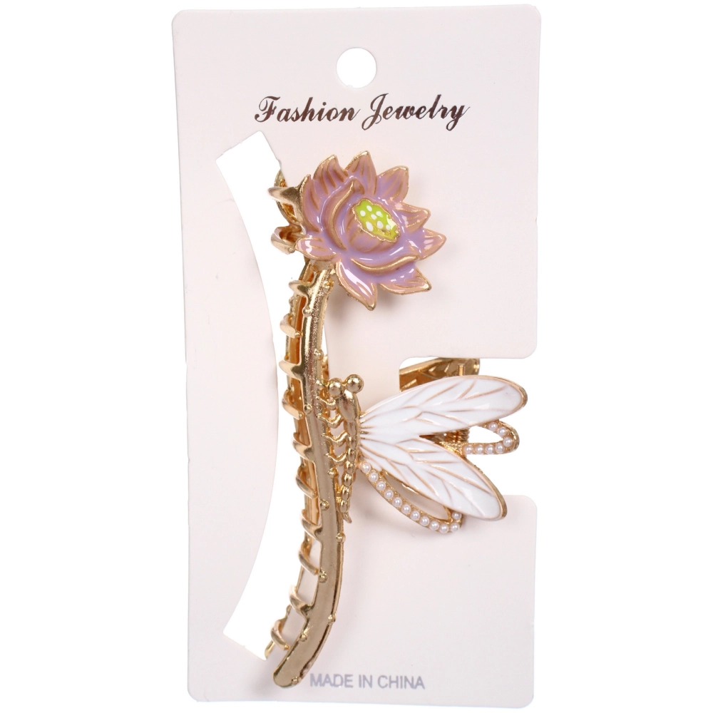 Заколка - краб для волос на блистере «ДЕ Палма», цветочек и стрекоза, цвет золото и серебро, 11.5*4см