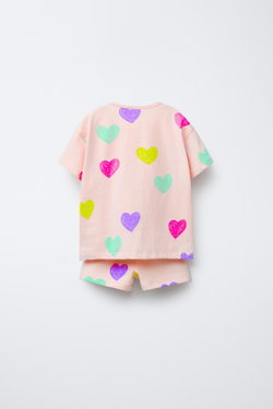 ZARA КОМПЛЕКТ ИЗ ШОРТОВ И ФУТБОЛКИ С ПРИНТОМ, ПЕРСИКОВЫЙ