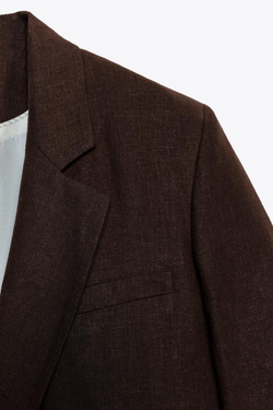 ZARA БЛЕЙЗЕР ИЗ ЛЬНА С КОРОТКИМИ РУКАВАМИ, КОРИЧНЕВЫЙ